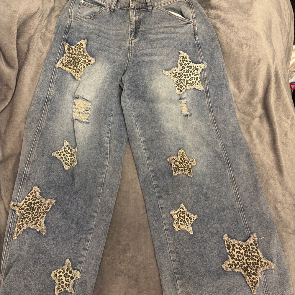 Leopard Star Embellished Wide Leg Jeans